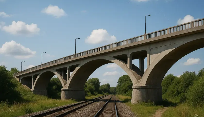 Betonowa estakada nad torami kolejowymi, z łukami i latarniami. To właśnie estakada co to za konstrukcja.