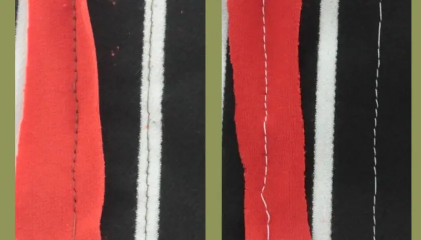 Left shows a stretch needle sewing, right shows a ballpoint needle. The stretch needle creates a neater stitch on stretchy fabric.