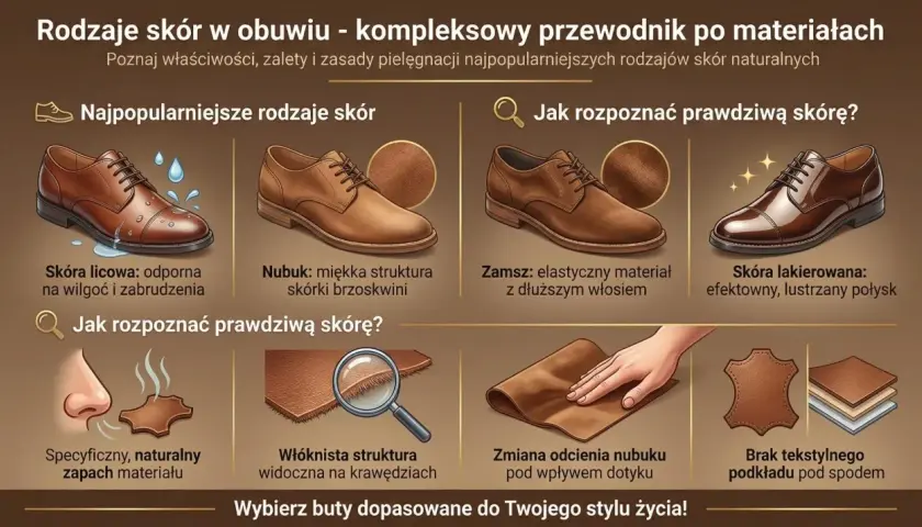 Przewodnik po rodzajach skór na cholewki obuwia: licowa, nubuk, zamsz, lakierowana. Ilustracje pokazują ich cechy i jak rozpoznać naturalną skórę.