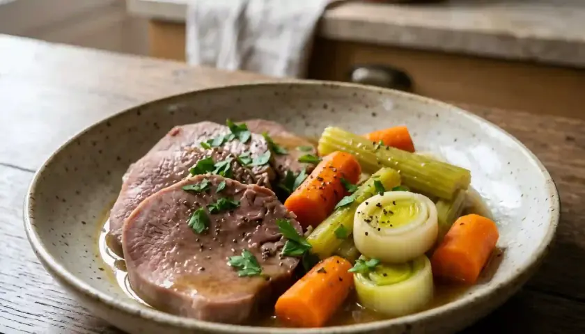 Tranches de langue de bœuf tendres, servies avec des carottes, du poireau et du céleri, garnies de persil frais.