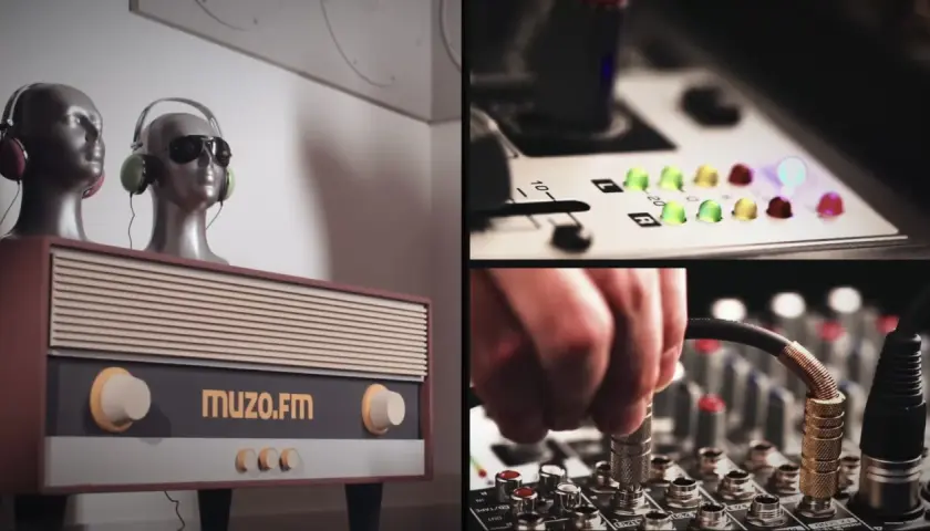 Dwie głowy w słuchawkach na tle retro radia z napisem muzo.fm. Obok mikser z migającymi diodami i podłączanym kablem.