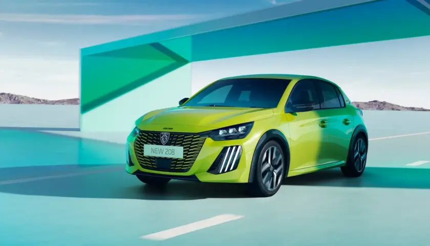 Nowy Peugeot 208 w jaskrawym kolorze, idealny dla szukających najtańszych nowych aut. Nowoczesny design i dynamiczna sylwetka.