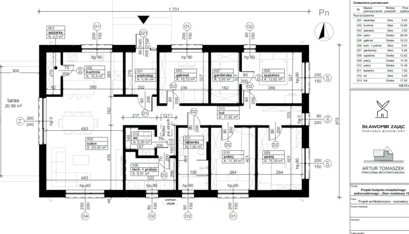 Projekt budowlany zawiera rzut parteru z podziałem na pomieszczenia: salon, kuchnia, spiżarka, gabinet, garderoba, sypialnia, pokoje, łazienka, WC, hol, techniczny z pralnią i wiatrołap.
