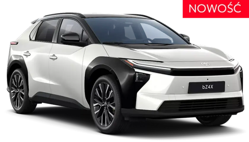 Nowy, biały SUV Toyota bZ4X z czarnymi dodatkami i stylowymi felgami. Nowość na rynku!