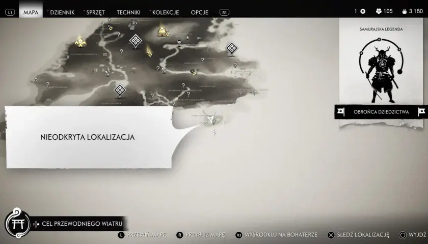 Mapa z gry Ghost of Tsushima, z zaznaczoną "NIEODKRYTA LOKALIZACJA". Może to być zakazana kapliczka.