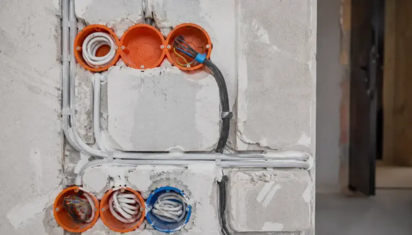 Osadzanie puszek elektrycznych w ścianie z betonu komórkowego. Widoczne przewody i instalacja elektryczna w trakcie prac.
