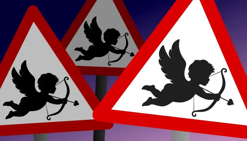 Segnali di pericolo con Cupido in silhouette, freccia pronta a scoccare. Un avvertimento rosso per l'amore.