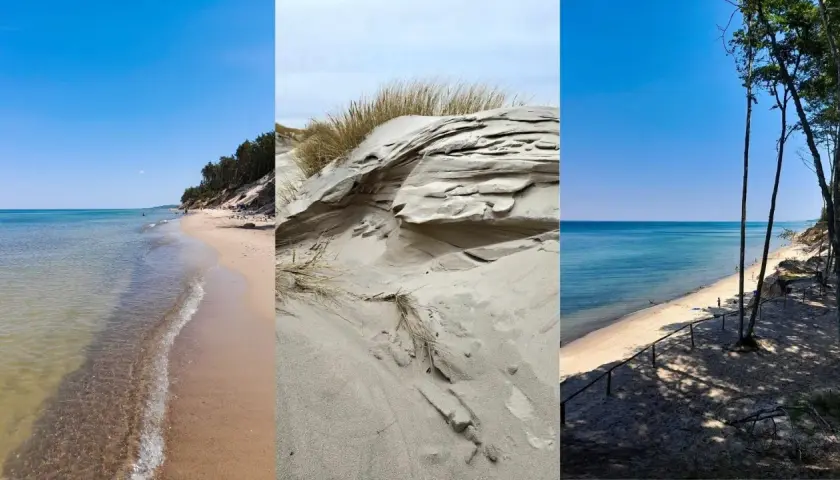 Trzy ujęcia dzikiej plaży: spokojne morze, piaszczyste wydmy z trawami i las sosnowy nad brzegiem.