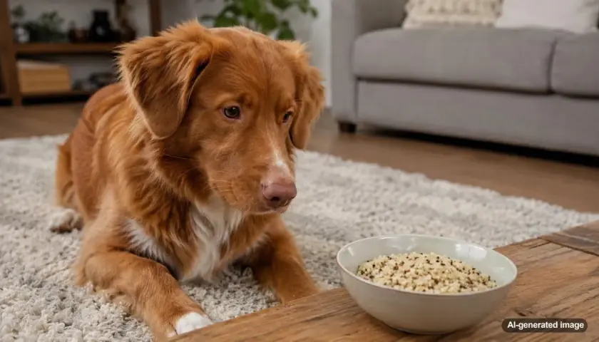 A fluffy brown dog looks curiously at a bowl of quinoa, wondering if dogs can eat quinoa.