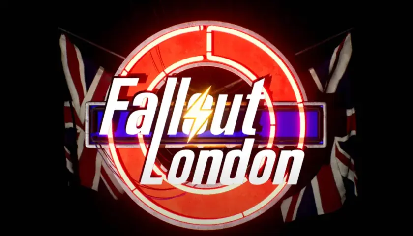 Neon-rotes Logo mit Blitz und britischen Flaggen. Fallout London: Ein postapokalyptisches Abenteuer in der britischen Hauptstadt.