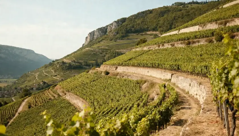 Vignoble en terrasses sur une colline escarpée, évoquant la célèbre cave Côte Rôtie. Le soleil dore les vignes luxuriantes.