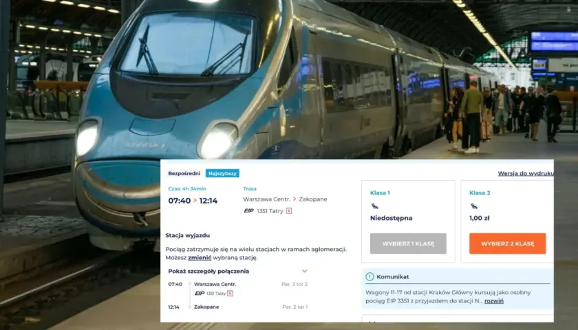 Ile kosztuje bilet do Zakopanego? Klasa 2 to 1,00 zł, ale Klasa 1 jest niedostępna. Pociąg EIP 1351 Tatry jedzie z Warszawy.