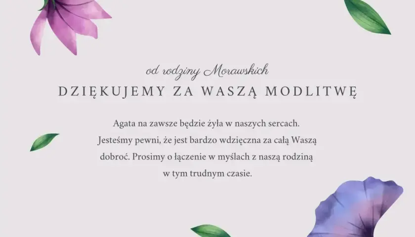 Podziękowania od rodziny Morawskich za modlitwę. Teksty pieśni pogrzebowych nie są widoczne, ale widać kwiaty i liście.