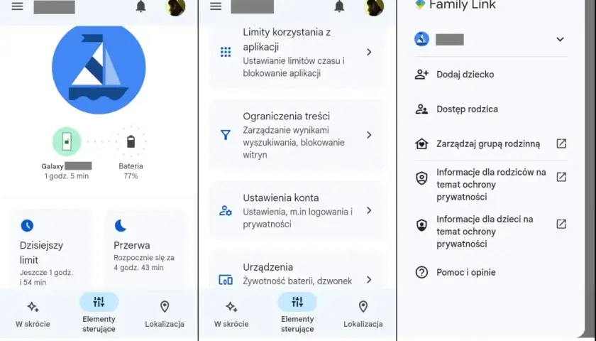 Aplikacja Family Link pozwala na blokadę rodzicielską na telefonie, zarządzanie limitami czasu i treści, a także lokalizację dziecka.