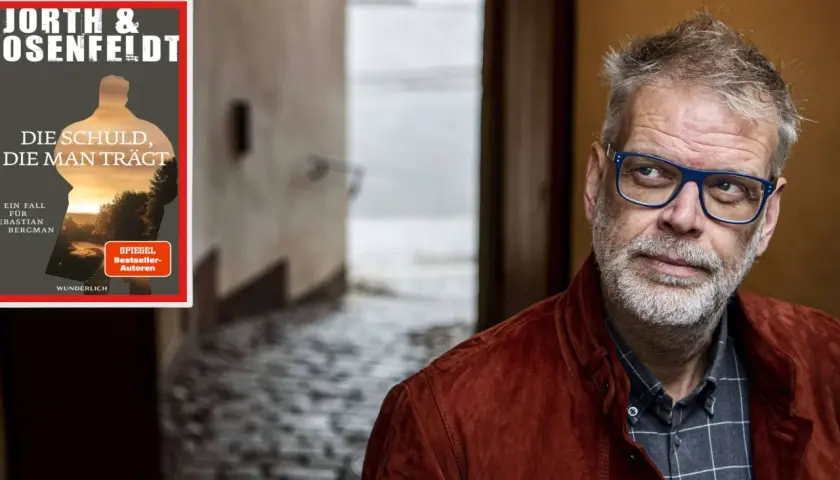 Buchcover "Jorth & Rosenfeldt: Die Schuld, die man trägt" neben einem Mann mit Brille. Die Reihenfolge der Bücher ist hier nicht ersichtlich.
