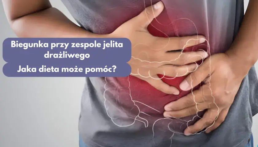 Osoba trzymająca się za brzuch, z widocznym zarysem jelit.
