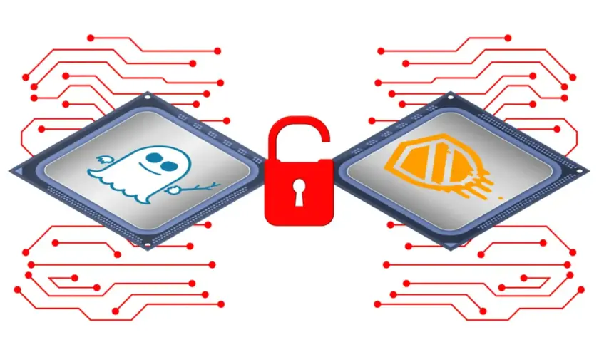Deux puces informatiques, l'une avec un fantôme bleu, l'autre avec un bouclier orange, reliées par un cadenas rouge ouvert. Une mise à jour BIOS pour la sécurité.