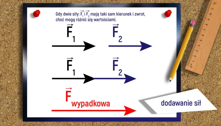 Ilustracja pokazuje dodawanie sił o tym samym kierunku. Siła wypadkowa jest sumą sił F₁ i F₂.