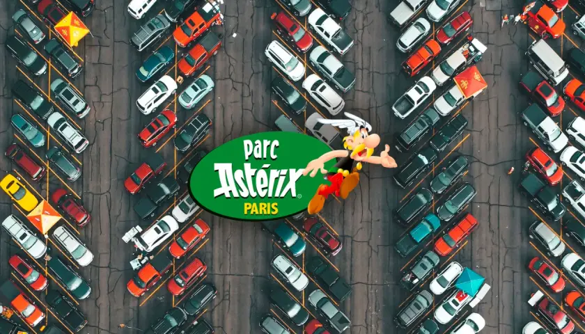 Vue aérienne d'un parking rempli de voitures, avec le logo du Parc Astérix et Astérix lui-même. Idéal pour un camping-car !