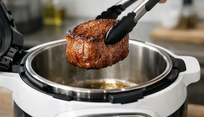 Un beau filet mignon, parfaitement saisi, est retiré d'un Cookeo. Un délice à portée de main !