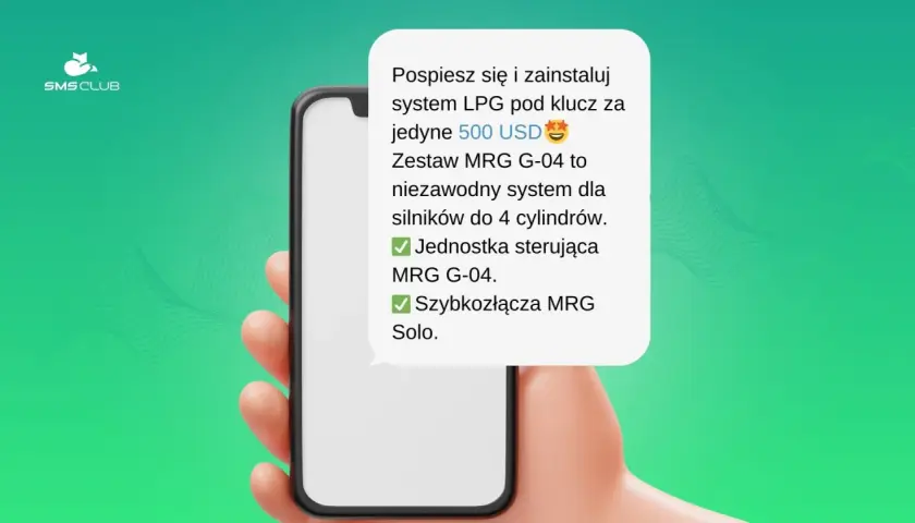 Dłoń trzyma smartfon z tekstem o instalacji LPG. Jak napisać sms o tej promocji? Zestaw MRG G-04 za 500 USD.