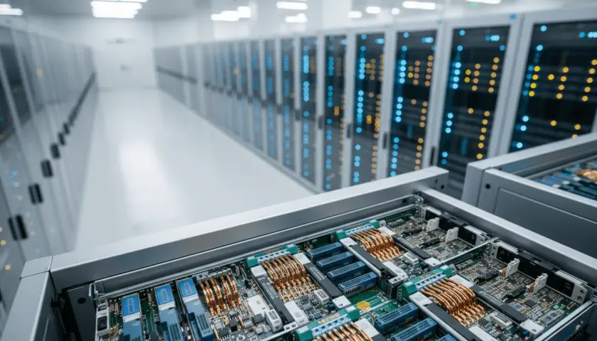 Ein Serverraum mit blinkenden Lichtern, der die Zukunft der credo technology aktie symbolisiert.