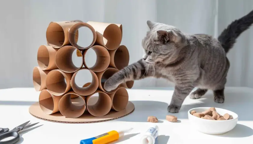 Gato gris jugando con una torre de rollos de cartón, un ejemplo de inventos caseros para gatos.