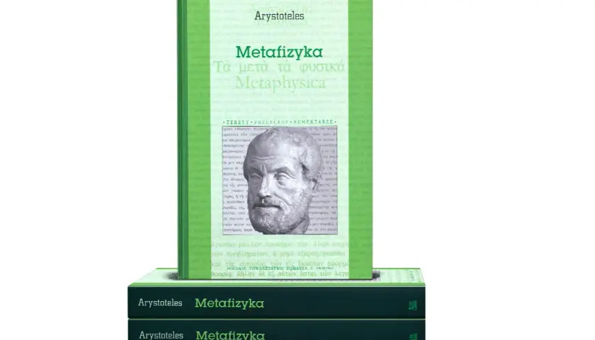 Arystoteles, Metafizyka. Starożytny portret filozofa na tle tekstu, który zgłębia metafizykę.