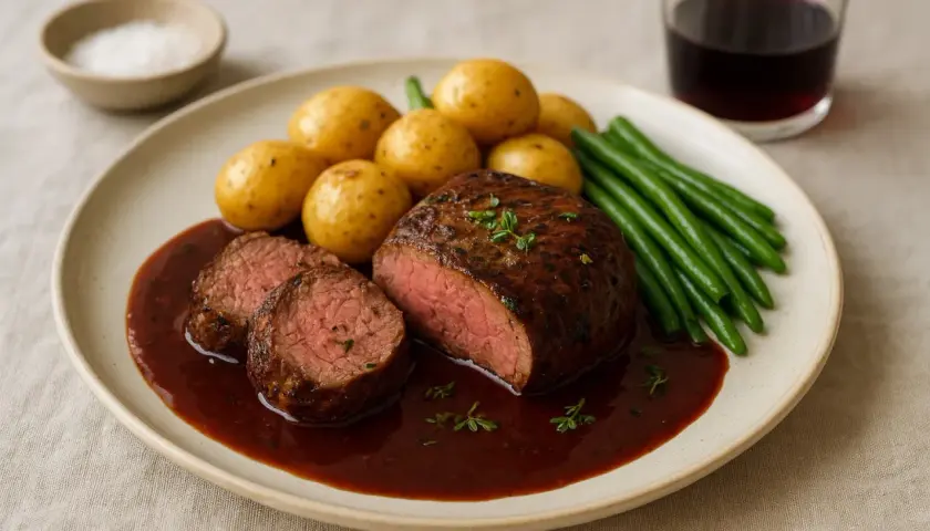 En saftig marinerad oxfile skuren i skivor, serverad med småpotatis, gröna bönor och en mustig sås.