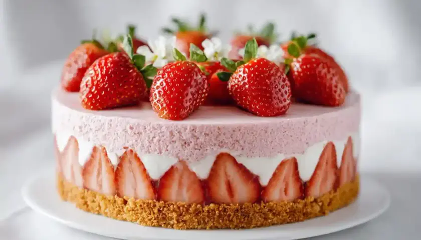 Gâteau fraisier mascarpone, une merveille rose et blanche, garni de fraises fraîches et de petites fleurs.