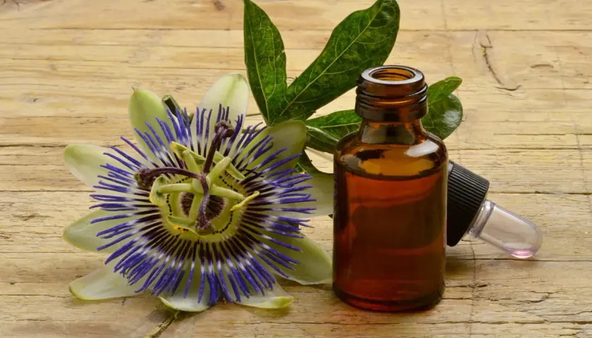 Fiore di passiflora e boccetta di tintura madre, per scoprire le sue proprietà benefiche.