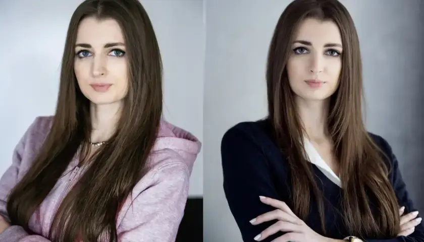Dwa ujęcia tej samej kobiety jako zdj profilowe. Po lewej w różowej bluzie, po prawej w granatowej marynarce.