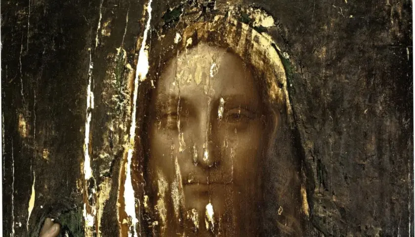 Das **Salvator Mundi Original** zeigt ein stark beschädigtes Porträt Christi mit goldener Aura.