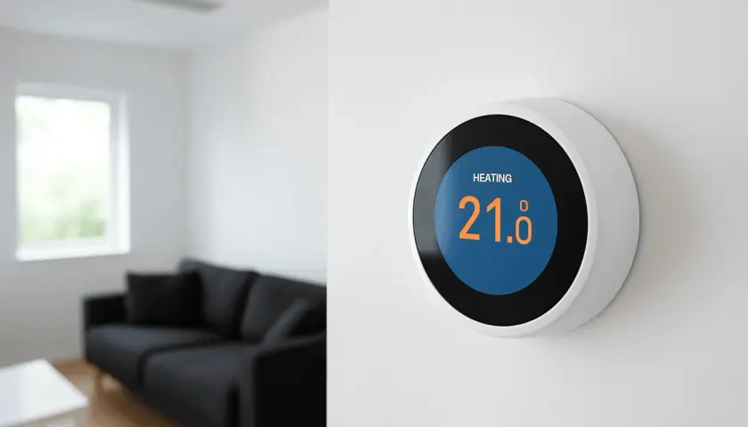 Termostato inteligente en pared, mostrando "HEATING" y 21.0°C. Al fondo, un salón moderno con sofá negro.