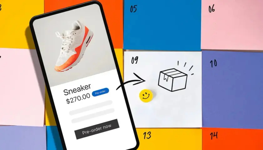 Telefon pokazuje buty na sprzedaż. Strzałka prowadzi do rysunku paczki i uśmiechniętej buźki, ilustrując, co to przedsprzedaż – zamówienie przed premierą.