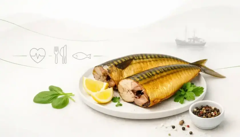 Dwie wędzone makrele z cytryną i przyprawami. Czy makrela wędzona jest zdrowa? Tak, to bogactwo kwasów omega-3.