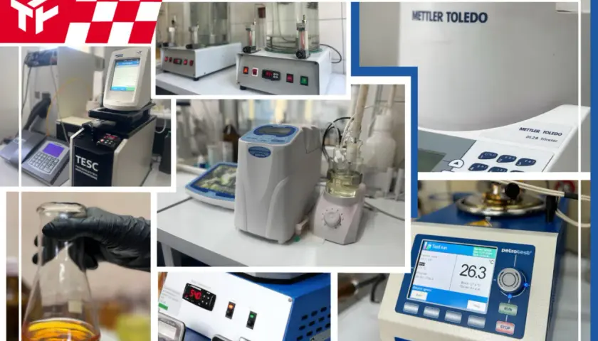 Laboratorium bada wskaźnik lepkości oleju za pomocą nowoczesnych urządzeń, takich jak titrator Mettler Toledo i tester Petrotest.