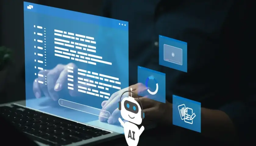 Un robot IA interagit avec des fenêtres d'interface utilisateur, symbolisant le **process robotic automation** et l'efficacité numérique.