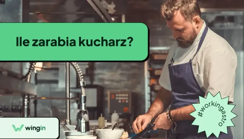 Kucharz w fartuchu przygotowuje jedzenie. Na ekranie pytanie: "Ile zarabia kucharz?". #workingastro