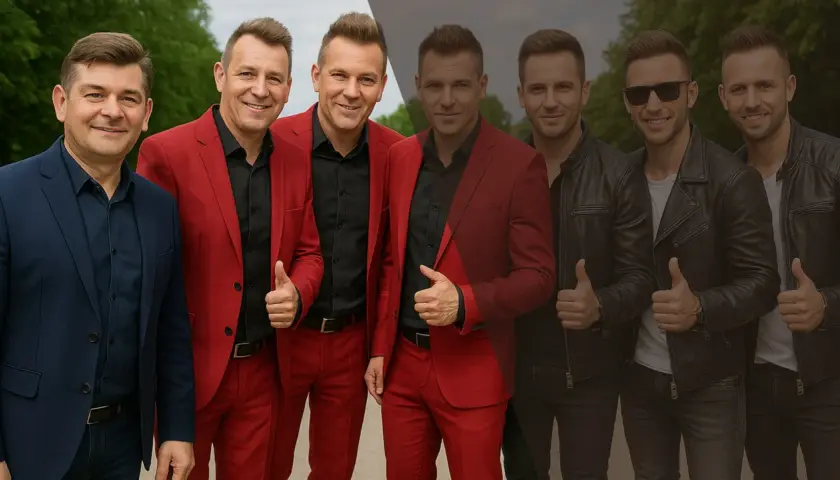 Zespół disco polo w czerwonych garniturach i skórzanych kurtkach pozuje do zdjęcia, dając kciuki w górę.