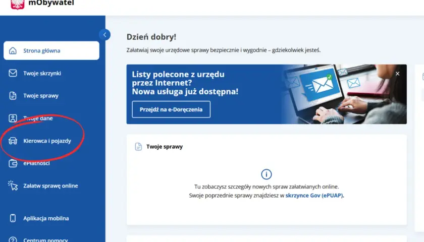 Menu "Kierowca i pojazdy" w aplikacji mObywatel. Tu sprawdzisz informacje o swoich pojazdach i uprawnieniach, a także potencjalne punkty karne 2025.