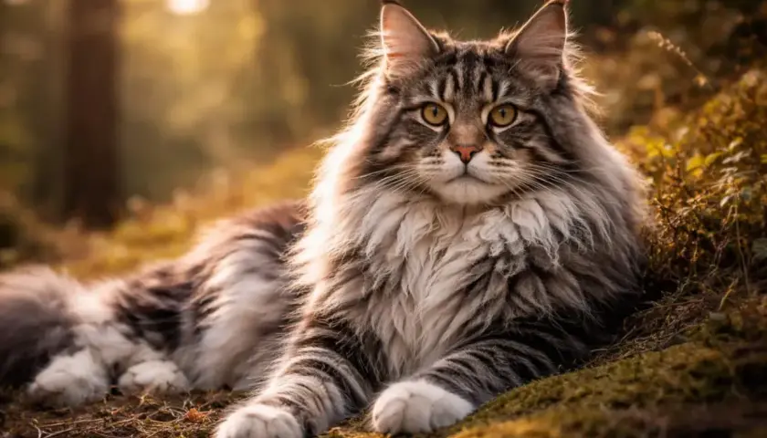 Majestatyczny kot rasy maine coon z puszystą grzywą leży w jesiennym lesie, otoczony złotym światłem.