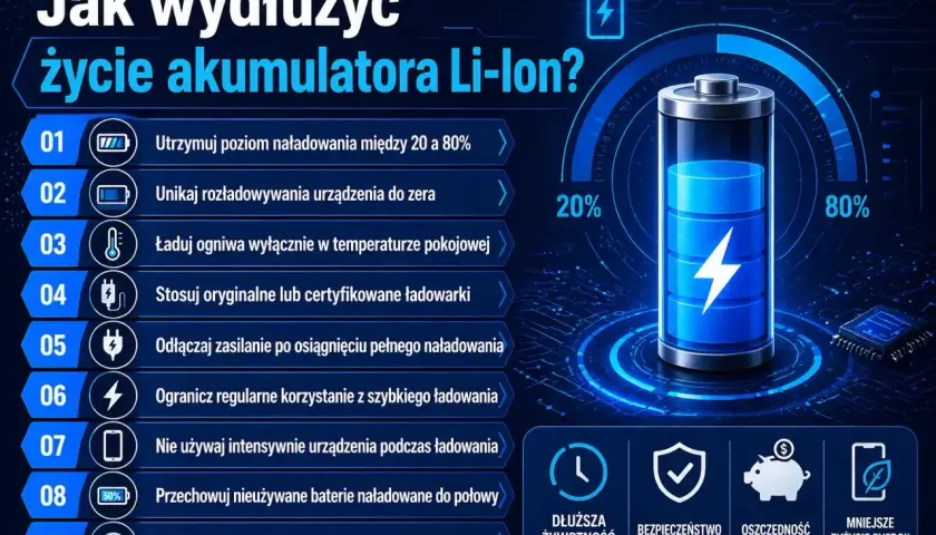 Porady dotyczące ładowania akumulatora Li-Ion: utrzymuj poziom 20-80%, unikaj rozładowania do zera, ładuj w temperaturze pokojowej.