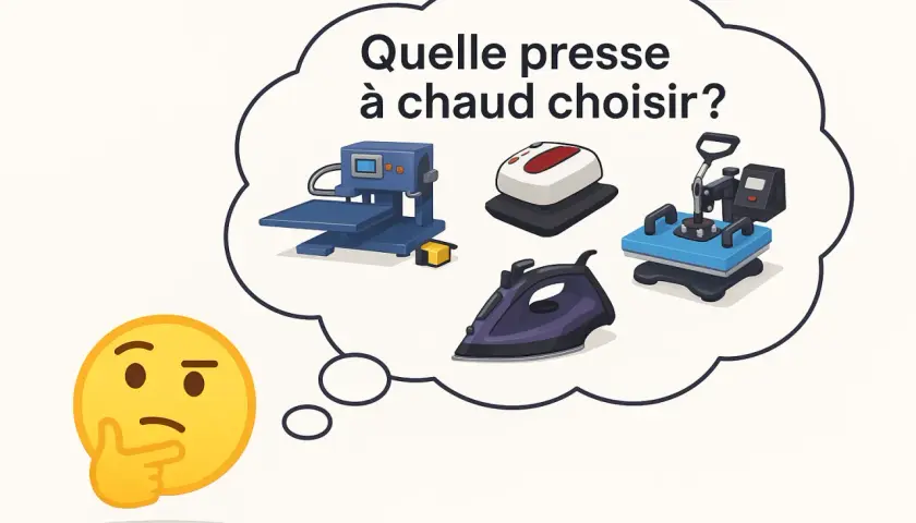 Un visage pensif réfléchit à quelle presse à chaud choisir pour le transfert d'images. Diverses machines, dont une presse à chaud, sont représentées.