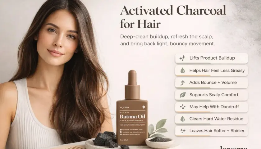 Mujer con cabello largo y sedoso junto a aceite Batana y carbón activado para el cabello, que promete limpieza profunda y brillo.