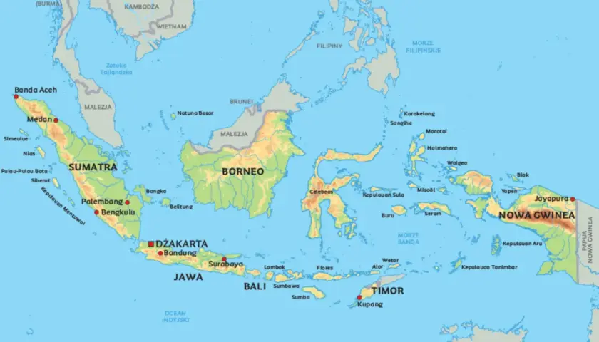 Mapa Indonezji, gdzie jest Bali, pokazuje wyspy Sumatra, Jawa, Borneo, Celebes, Timor i Nowa Gwinea.