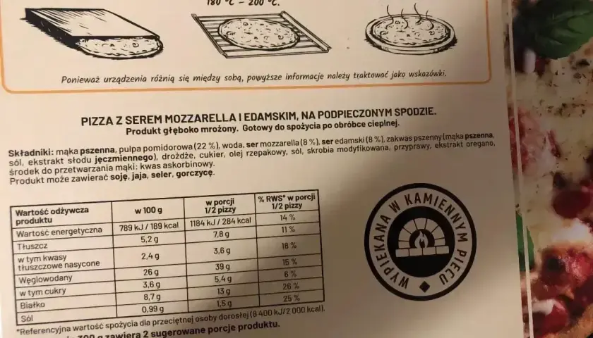 Instrukcja przygotowania pizzy Guiseppe: piecz w temperaturze 180-200°C przez ok. 10 minut.