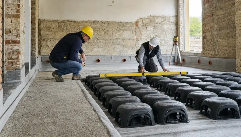 Operai installano elementi per vespaio pavimento, usando livella per garantire la planarità.
