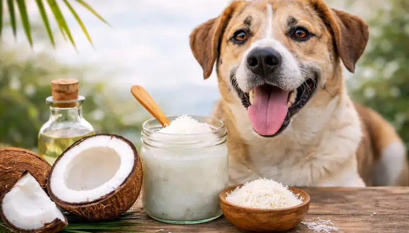 Perro feliz junto a cocos y aceite de coco, un ingrediente natural para su bienestar.