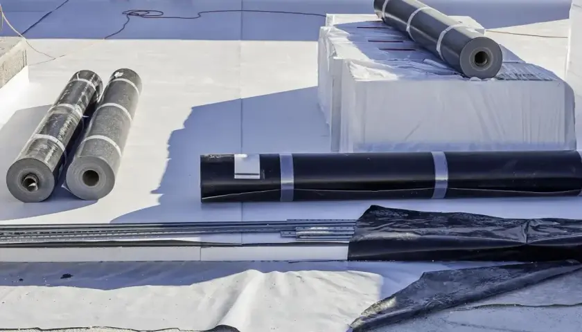 Materiały do pokrycia dachu membraną: rolki papy, izolacja, profile.